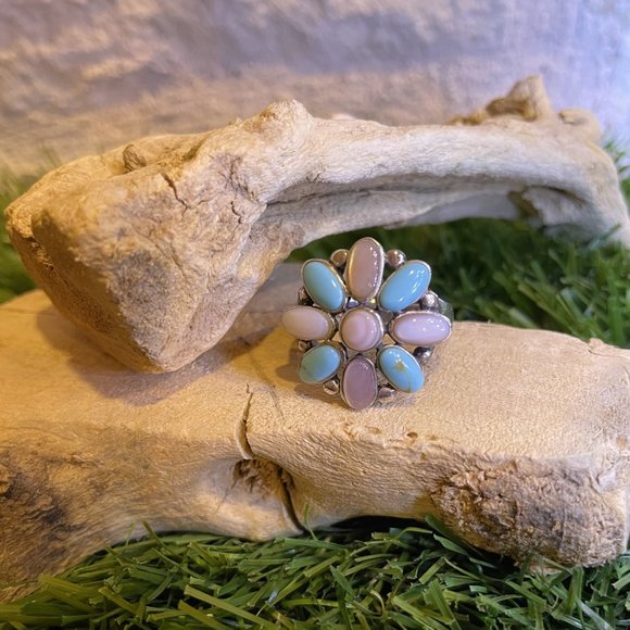 STUNNING Genuine Turquoise & Pink Opal Sterling Silver Ring